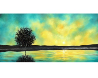 Tree Painting, Textured Wall Art, ORIGINAL Oil Painting, Sunset Over Water, Moody Silhouetted Tree Landscape, Ready to Hang Canvas, 10x20