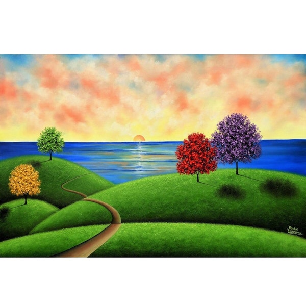 Landscape Painting, Sunset Seascape, Colorful Palette Knife Texture Oil Painting, Modern Original Art, Ocean Painting, Canvas Artwork, 24x36