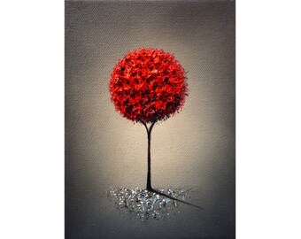 Highly Textured Modern Geometric Art, ORIGINAL Oil Painting, Red Dandelion, Palette Knife Artwork, Thick Oil Paint, Abstract Canvas Art, 5x7