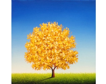 Cheerful Yellow Tree Painting, ORIGINAL Oil Painting, Blue Sky Landscape Art, Colorful Palette Knife Canvas Artwork, 10x10
