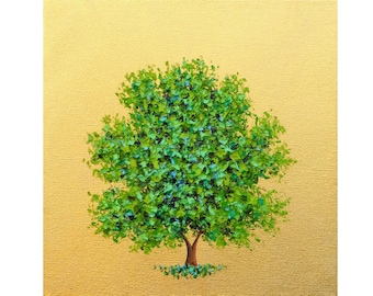 Metallic Gold Landscape Painting, ORIGINAL Oil Painting, Palette Knife Art, Textured Green Tree, Contemporary Wall Decor, 10x10