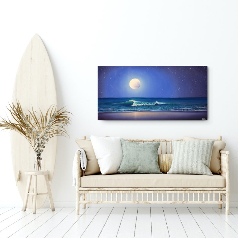 Nighttime Seascape, Moon on Ocean Painting, Tropical Textured Waves, Nautical ORIGINAL Oil Painting, Blue Coastal Artwork, Beach Decor 24x48 Bild 2