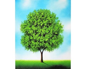 Green Tree Print, Cheerful Blue Skies, Summer Art, Wall Hanging, Signed Giclee Print, Contemporary Tree Art Print, Home Office Decor, 8x10