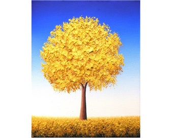 Autumn's Entrance Tree Print, Golden Yellow Flower Tree Artwork, Blossoming Fall Seasons Print, Giclée Print of Modern Oil Painting, 8x10