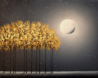 ORIGINAL Oil Painting, Golden Leaves Mystical Night Scene, Textured Trees Landscape, Modern Minimalist Art, Gray Black Canvas Artwork, 16x20