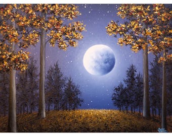 Autumn Forest Painting, Full Moon Fall Landscape, Mystical Moody Moonlit Night Wall Art, Original Oil Painting on Canvas Artwork, 18x24