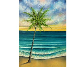 Coastal Palm Tree Giclee Print: Stormy Beach Seascape (5x7)