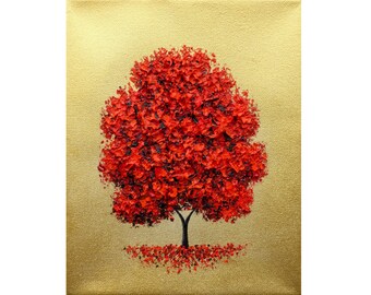 Textured Red Tree Painting, ORIGINAL Oil Painting, Gold Landscape Art, Colorful Palette Knife Canvas Artwork, Abstract Wall Décor, 8x10