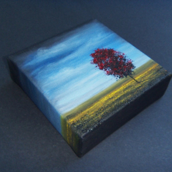 ORIGINAL Abstract Tree Oil Painting, Contemporary Red Art on Textured Canvas, 5 x 5 x 1.5, A Summer's Eve