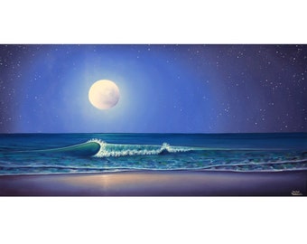 Nighttime Seascape, Moon on Ocean Painting, Tropical Textured Waves, Nautical ORIGINAL Oil Painting, Blue Coastal Artwork, Beach Decor 24x48