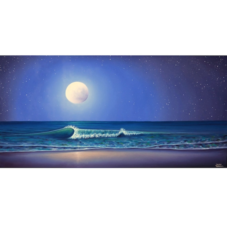 ocean painting, seascape, coastal art, oil painting, moon, night, blue, purple, green, beach artwork, tropical decor, crashing wave, ocean wave, sea, nautical art, full moon, moonlit night, starry sky, minimalist, modern