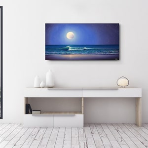 Nighttime Seascape, Moon on Ocean Painting, Tropical Textured Waves, Nautical ORIGINAL Oil Painting, Blue Coastal Artwork, Beach Decor 24x48 Bild 7