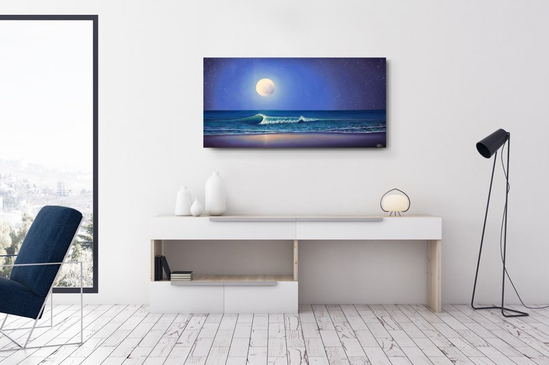 Nighttime Seascape, Moon on Ocean Painting, Tropical Textured Waves, Nautical ORIGINAL Oil Painting, Blue Coastal Artwork, Beach Decor 24x48 Bild 7