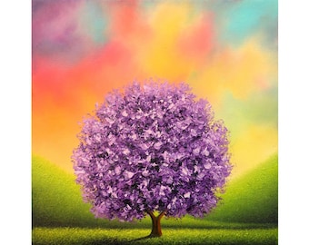 Tree ORIGINAL Oil Painting, Single Solitary Purple Tree, Textured Palette Knife Landscape, Modern Wall Art, Colorful Decor, 10x10