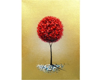 Palette Knife Flower Tree Painting, Textured Modern Floral Art, ORIGINAL Oil Painting, Red Dandelion, Thick Oil Paint, Small Canvas Art, 5x7