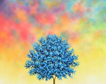 Impasto Oil Painting, Blue Blossom Tree, Sunset Boho Canvas Art, 36x36