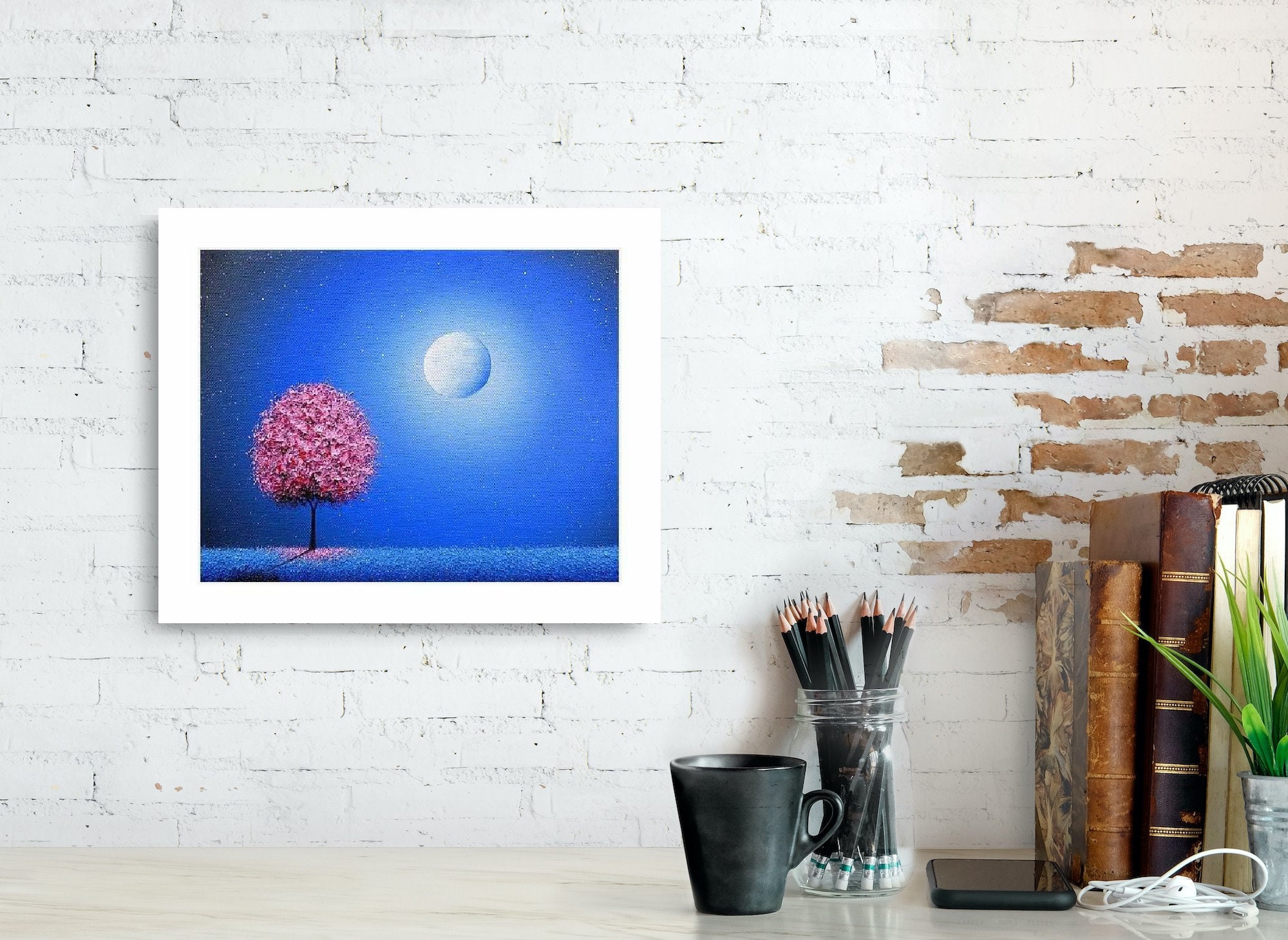 Celestial Art Print Of Night Landscape Pink Tree Art Fantasy Etsy