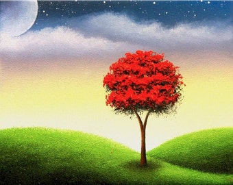 Red Tree Landscape Print, Colorful Nature Art, Expressive Artwork, Signed Mini Print, Gift Idea, Moody Nightscape, Fantasy Landscape, 4x5