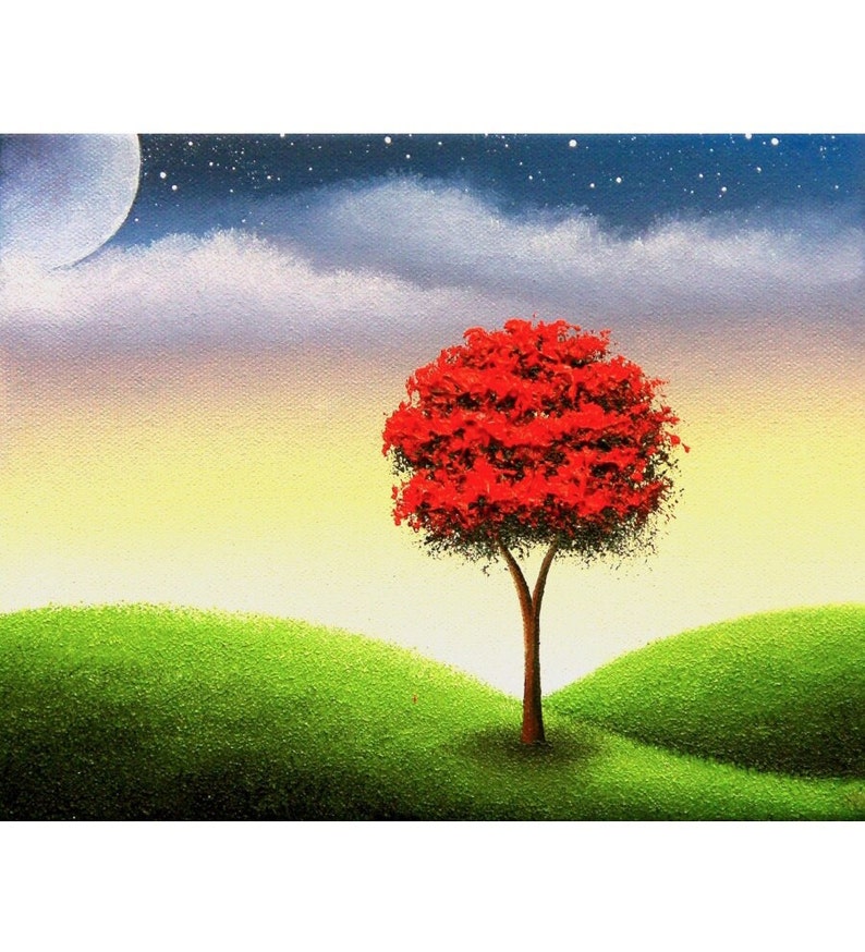 Red Tree Landscape Print, Colorful Nature Art, Expressive Artwork, Signed Mini Print, Gift Idea, Moody Nightscape, Fantasy Landscape, 4x5 image 1