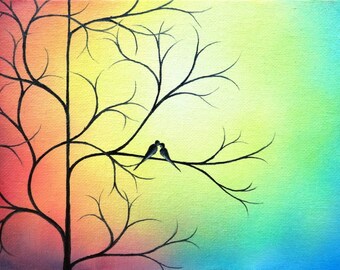 Silhouetted Love Birds In Tree Print, Colorful Whimsical Art, Kissing Love Birds, Abstract Bird Artwork, Signed Mini Print, Collectors, 4x5