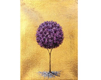 Purple Flower on Gold Leaf Painting, Textured Floral Art, ORIGINAL Oil Painting, Modern Minimalist Home Decor, Miniature Canvas Art, 5x7