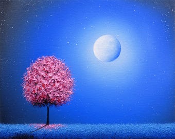 Celestial Art Print of Night Landscape, Pink Tree Art, Fantasy Print,  LIMITED Edition Giclee Print, Moon, Blue Night, Dreamy Wall Art, 8x10