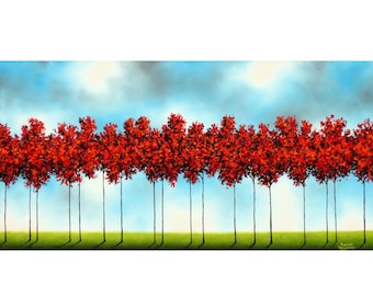 Red Tree Oil Painting: Textured Autumn Landscape, Expressionist Woodland Art, 48x24