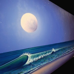 Nighttime Seascape, Moon on Ocean Painting, Tropical Textured Waves, Nautical ORIGINAL Oil Painting, Blue Coastal Artwork, Beach Decor 24x48 Bild 5