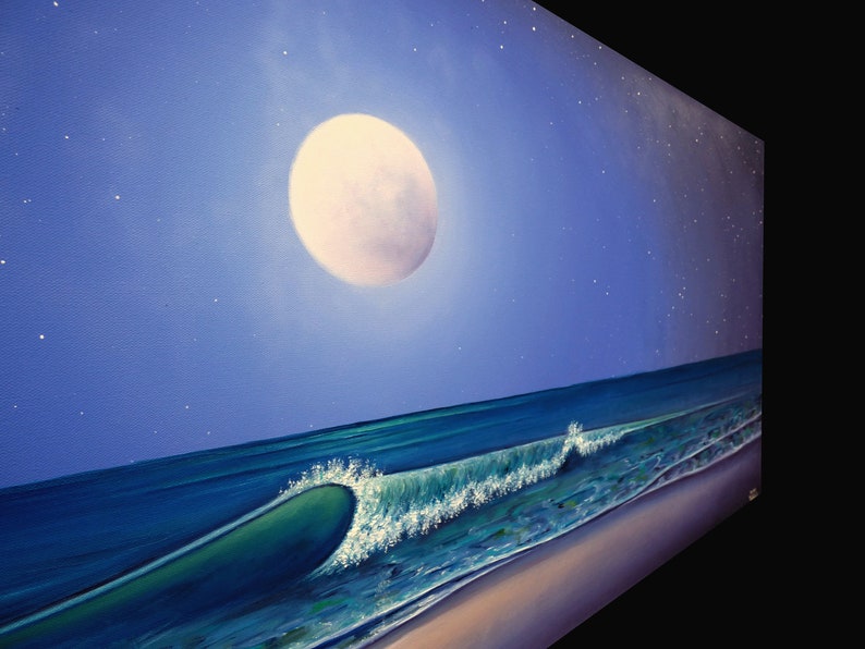 Nighttime Seascape, Moon on Ocean Painting, Tropical Textured Waves, Nautical ORIGINAL Oil Painting, Blue Coastal Artwork, Beach Decor 24x48 Bild 5