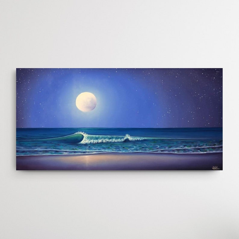 Nighttime Seascape, Moon on Ocean Painting, Tropical Textured Waves, Nautical ORIGINAL Oil Painting, Blue Coastal Artwork, Beach Decor 24x48 Bild 6