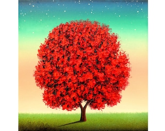 Textured Red Tree Oil Painting: Twilight Landscape Art, 10x10