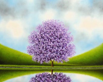 Impasto Lavender Tree Oil Painting, Lakeside Landscape Art, 36x36