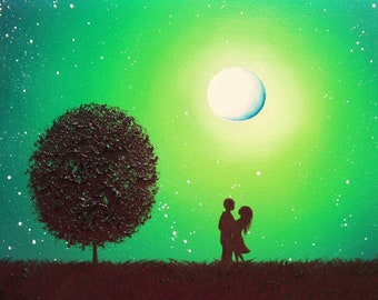Romantic Couple Art Print, In Love Art, Giclee Print, Whimsical Silhouette Art, Green Night, Full Moon, Couple Gift, Lovers Artwork, 4x5