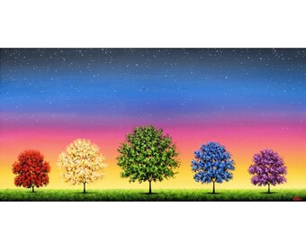 Rainbow Trees Oil Painting: Original Expressionist Landscape Artwork on Canvas, 72x36