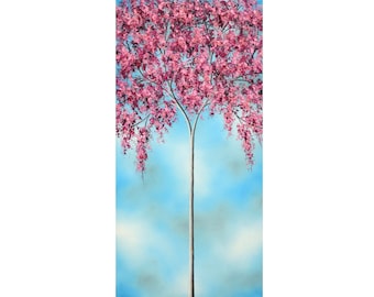 Pretty Pink Tree Art Print, Whimsical Blossom Tree, Cheerful Vertical Artwork, Modern Farmhouse Decor, Signed Giclee Print, Wall Art, 5x10