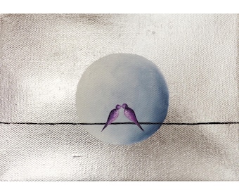 Two Lovebirds Painting on Silver Leaf, Small Original Oil Painting, Birds on a Wire Canvas Art, 7x5