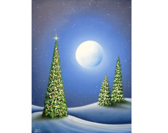 Starry Night, Multi-Color Christmas Tree Art, Textured ORIGINAL Oil Painting, Holiday Decor, Festive Pine Trees, Snowy Winter Scene, 18x24