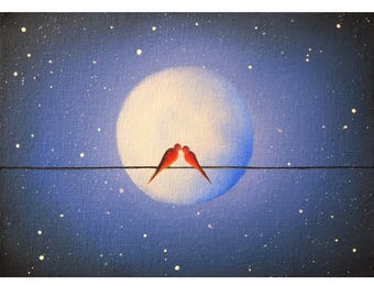 Love Birds Giclée Print: Starry Night Moon Art (5x7)