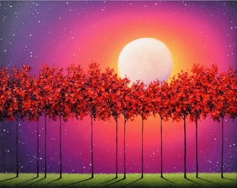 Moonlit Woods ORIGINAL Ölgemälde, strukturierte impressionistische Kunst, Bäume Landschaft, farbenfrohes modernes Leinwandkunstwerk, Boho-Fantasieszene, 16x20