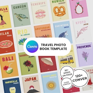 Peut inclure: Une collection de modèles de livres photo de voyage présentant diverses destinations internationales, avec des illustrations uniques comme une tortue marine, un bretzel, un fruit du dragon, une pizza et des fleurs de cerisier, incluant le texte Canva Travel Photo Book Template.