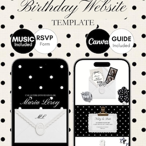 Peut inclure: Un modèle de site web d'anniversaire numérique sur fond à pois noirs et blancs. Le design présente deux écrans de smartphone affichant des mises en page d'invitation avec du texte, des enveloppes et des minuteurs. Labels : Music Included, RSVP Form, Canva, Guide Included.