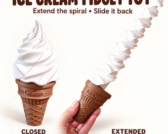 May include: An ice cream fidget toy with a brown cone and white spiral top. Text reads: ICE CREAM FIDGET TOY, Extend the spiral, Slide it back, CLOSED, EXTENDED. Measurements are 8.89 cm for the cone and 30.48 cm for the extended spiral.