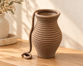 May include: A tan vase with a bulbous body and a narrow neck, entirely wrapped in thick, coiled natural fiber rope. A single length of the same rope hangs from the rim, extending down the side and ending in a small, loose knot at the base.
