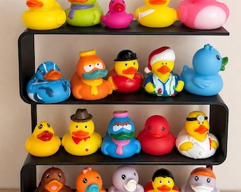May include: A black S-shaped display shelf holding twenty rubber ducks of various colors, including yellow, pink, blue, orange, red, and brown. The ducks feature diverse designs such as hats, scarves, medical gear, and costumes, arranged in four rows.