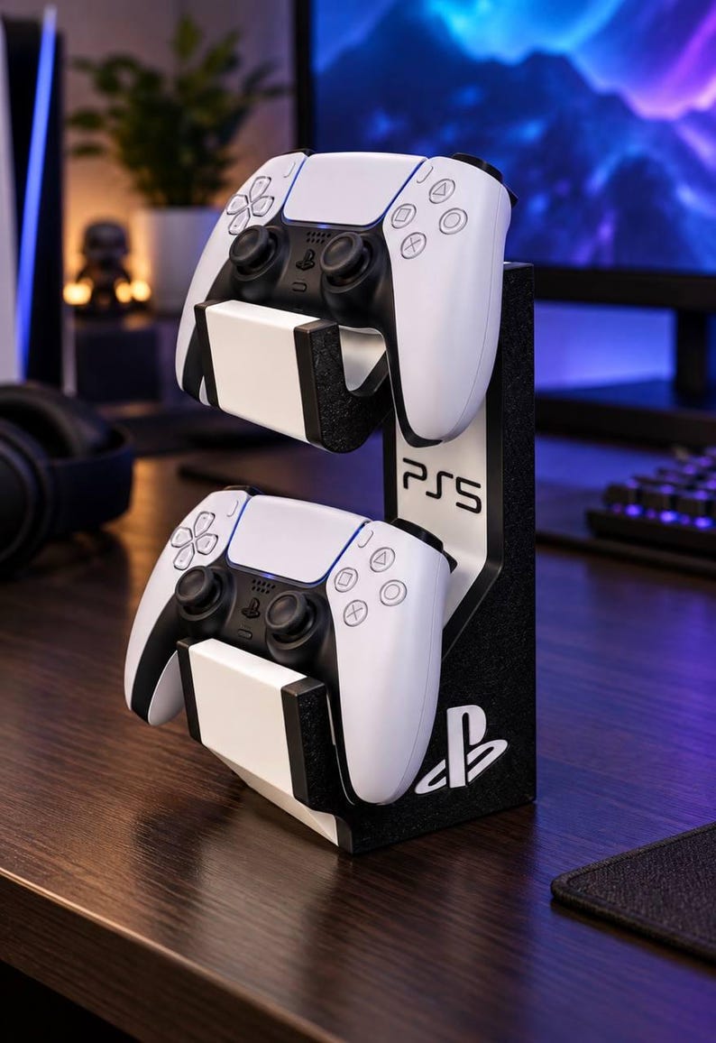 May include: A black and white vertical controller stand holding two white and black game controllers. The stand features the text PS5 and the PlayStation logo printed on the side. The structure has two tiered cradles designed to support the controllers.