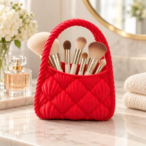 Può includere: Un portapennelli da trucco in silicone rosso brillante a forma di piccola borsa con motivo a conchiglia trapuntato e manico intrecciato. Il contenitore è riempito con vari pennelli dotati di ghiere in metallo dorato e setole morbide.