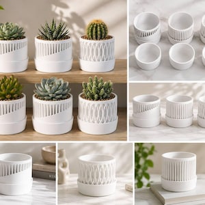 May include: A collection of white cylindrical plant pots featuring various geometric cut-out patterns, including vertical slats and interlocking oval designs. Each pot includes a matching circular base tray, shown both empty and holding small succulents.