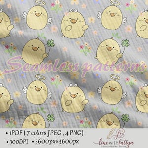 May include: A seamless pattern fabric featuring yellow cartoon chicks on a light gray background. Some chicks wear halos or bows, while others hold green clovers. Small pink, yellow, and blue flowers are scattered throughout the design.