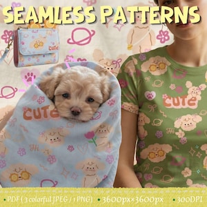 May include: A light blue wallet and a green t-shirt featuring a seamless pattern of cartoon dogs, hearts, flowers, and the text CUTE. A small puppy is wrapped in a light blue fabric with the same pattern. The image includes the text SEAMLESS PATTERNS.