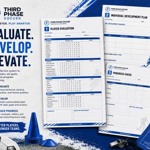 May include: A Third Phase Soccer player evaluation kit featuring three white printed forms titled Player Evaluation, Individual Development Plan, and Progress Check, alongside blue training cones, a football, and a metal whistle.